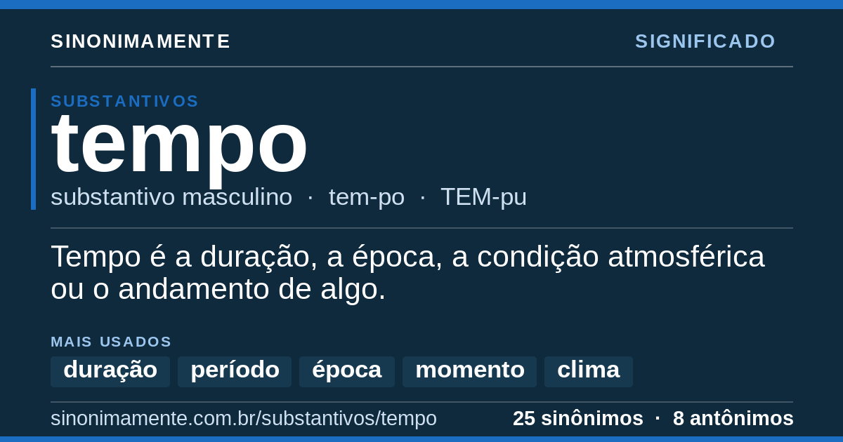 Significado de tempo: cartão do verbete com 25 sinônimos