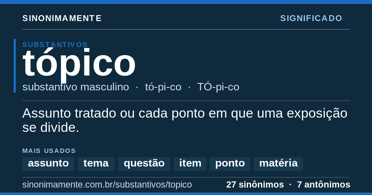 Significado de tópico: cartão do verbete com 27 sinônimos