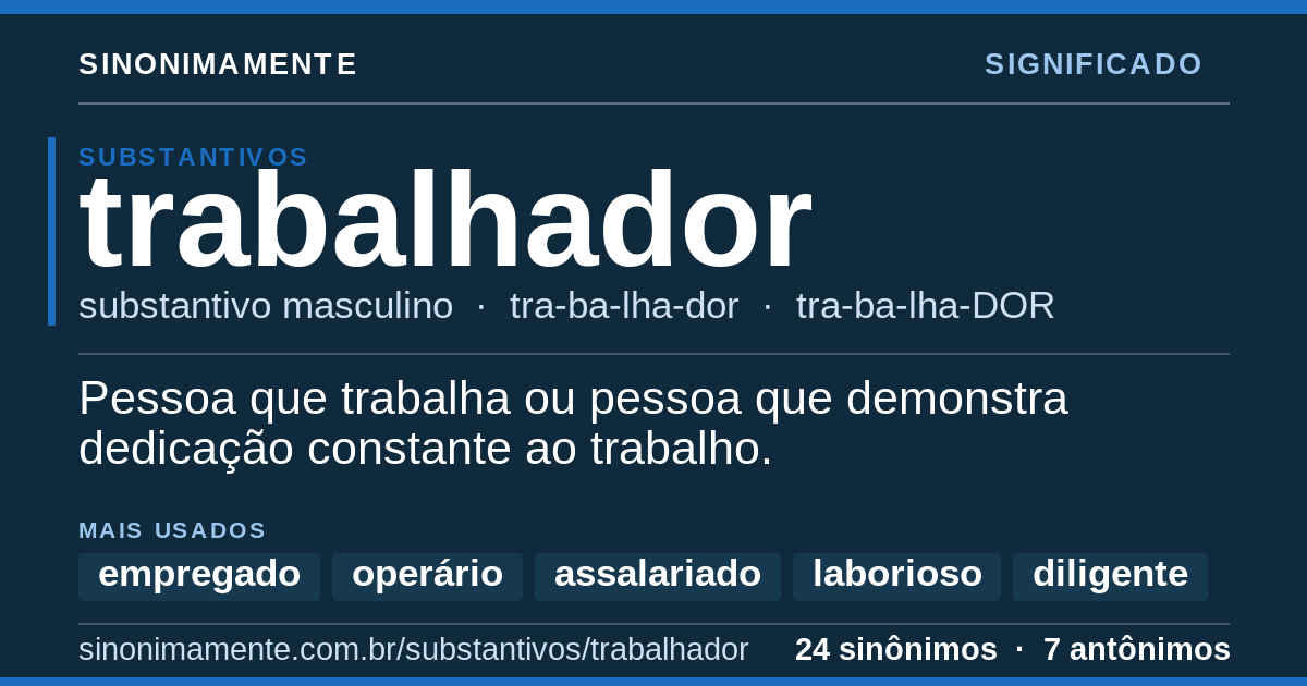 Significado de trabalhador: cartão do verbete com 24 sinônimos