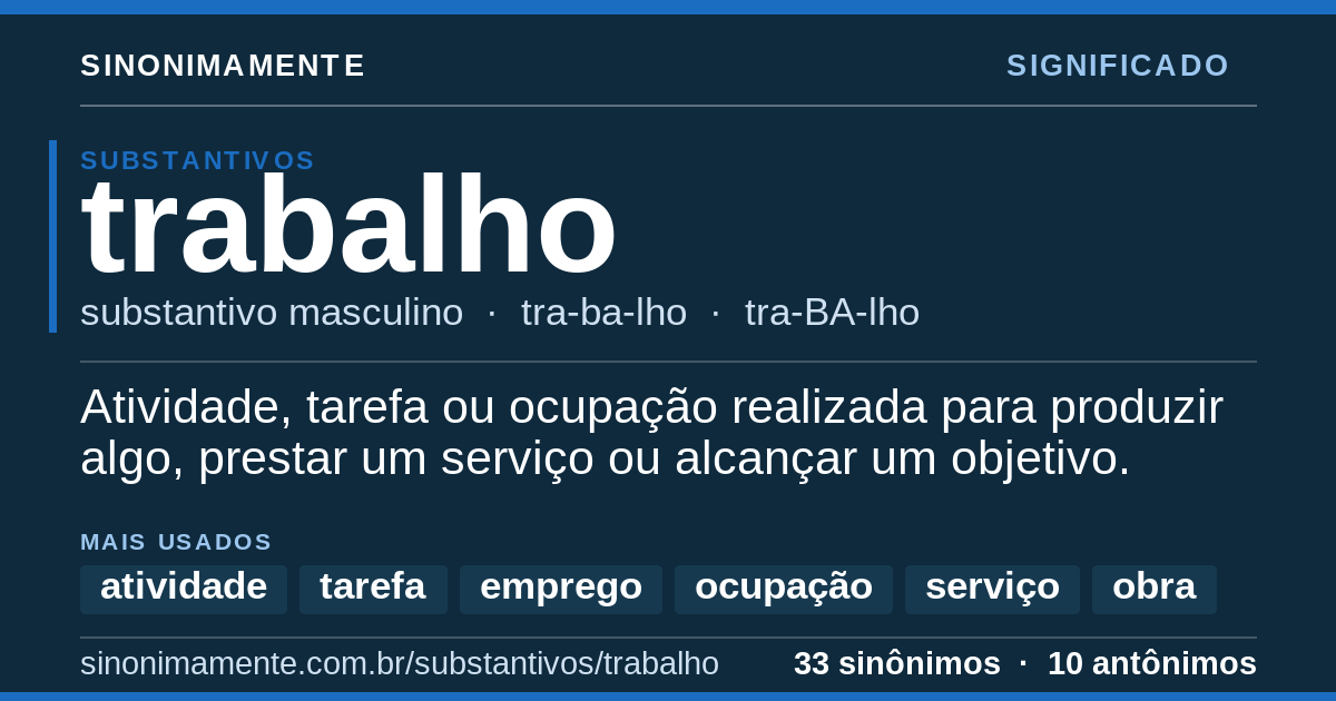 Significado de trabalho: cartão do verbete com 33 sinônimos
