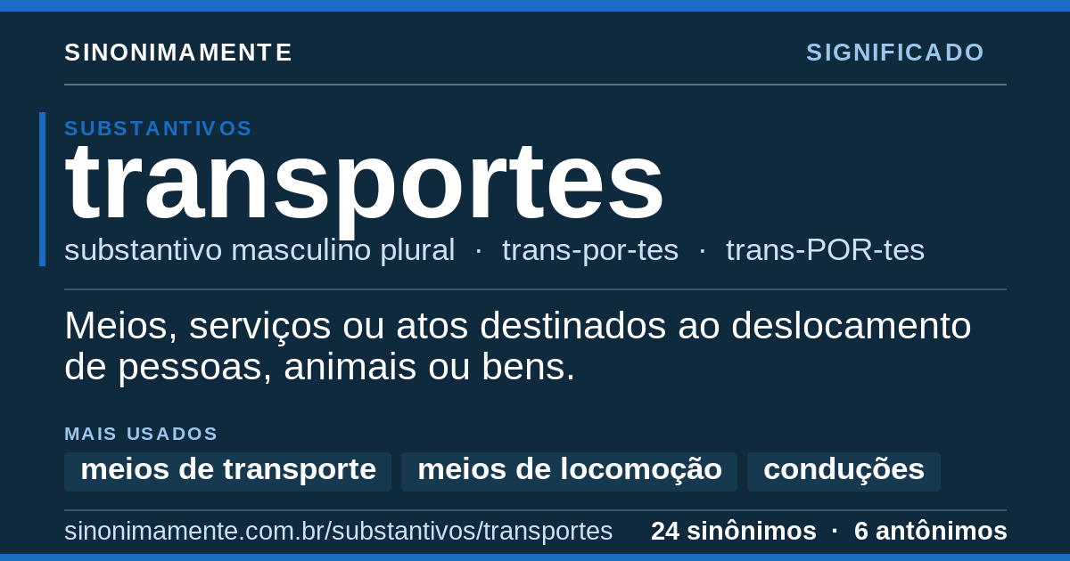 Significado de transportes: cartão do verbete com 24 sinônimos