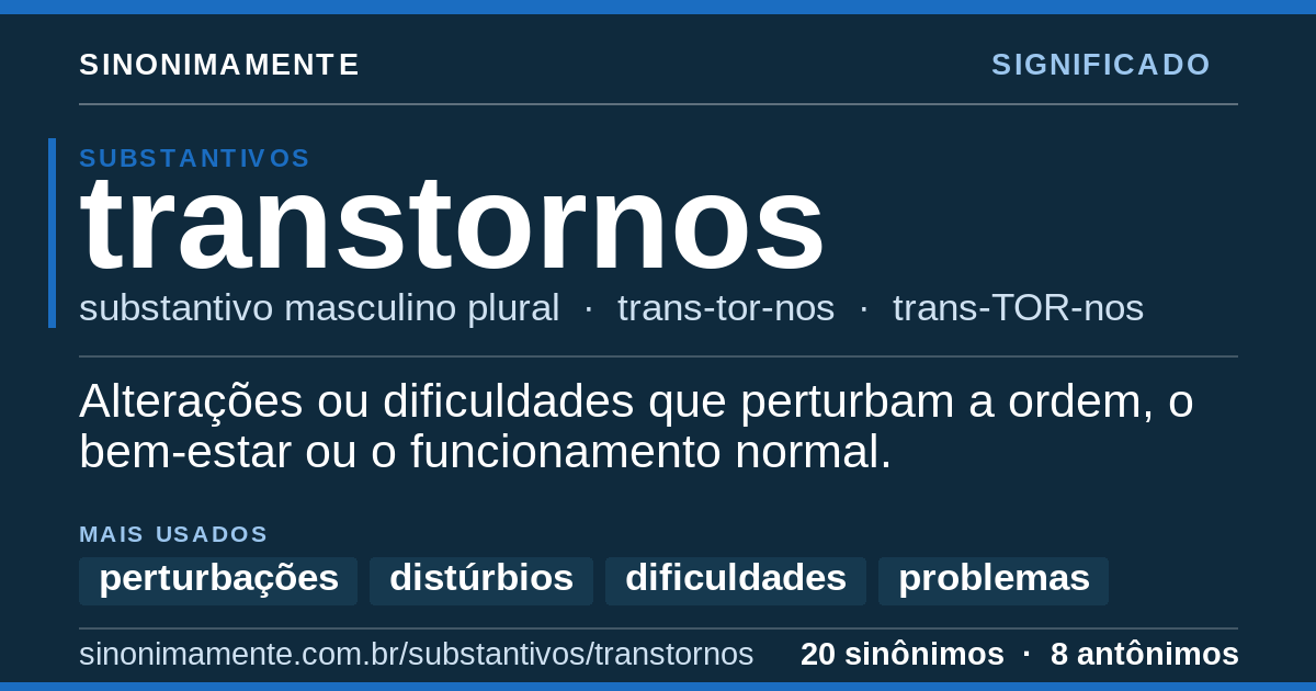 Significado de transtornos: cartão do verbete com 20 sinônimos