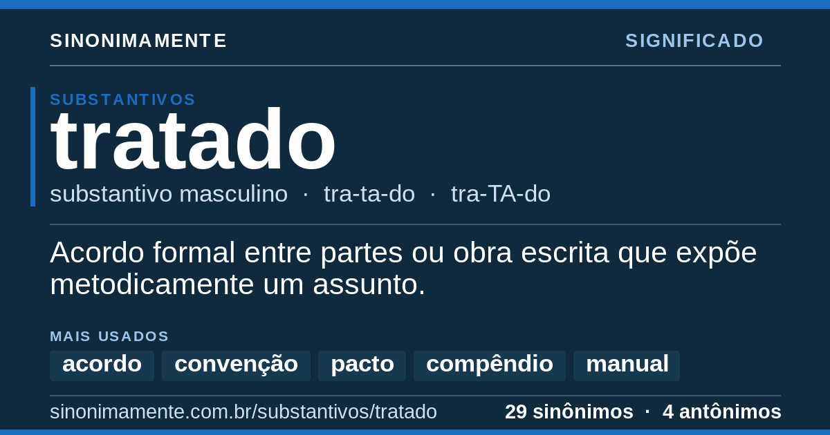 Significado de tratado: cartão do verbete com 29 sinônimos