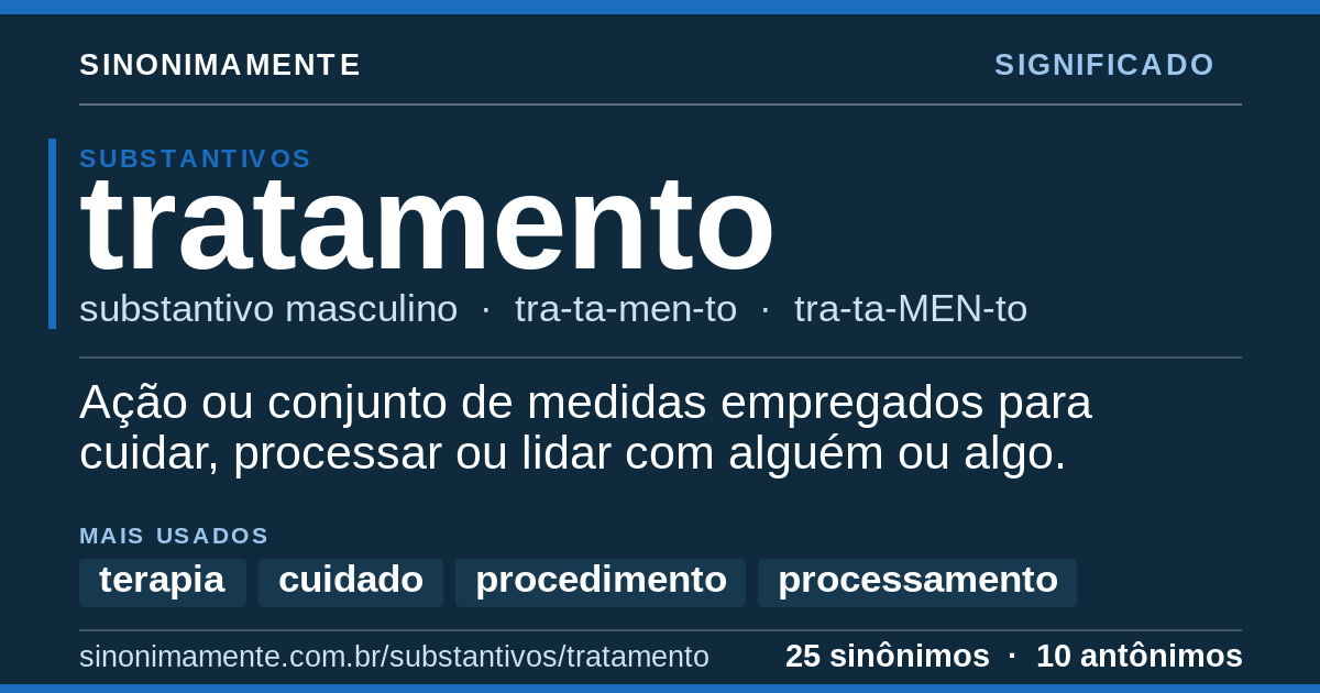 Significado de tratamento: cartão do verbete com 25 sinônimos