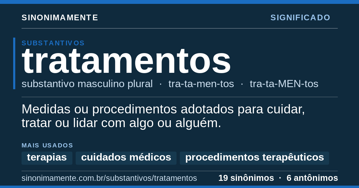Significado de tratamentos: cartão do verbete com 19 sinônimos