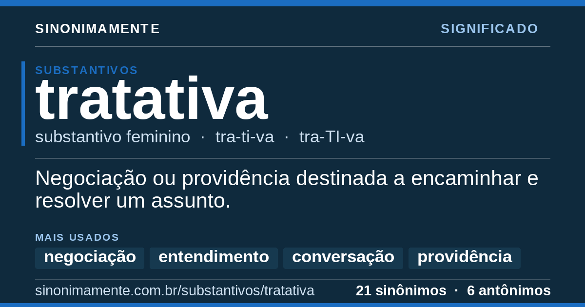 Significado de tratativa: cartão do verbete com 21 sinônimos