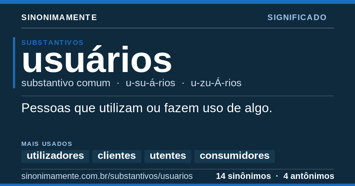Significado de usuários: cartão do verbete com 14 sinônimos