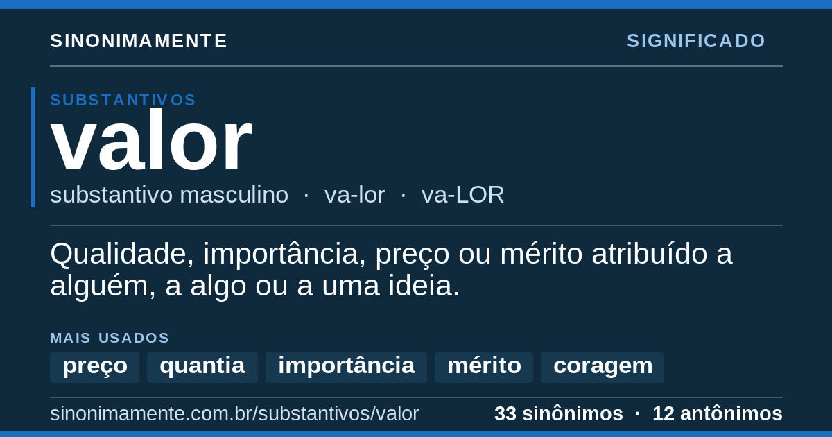Significado de valor: cartão do verbete com 33 sinônimos