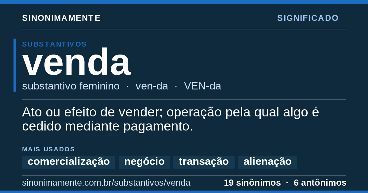 Significado de venda: cartão do verbete com 19 sinônimos