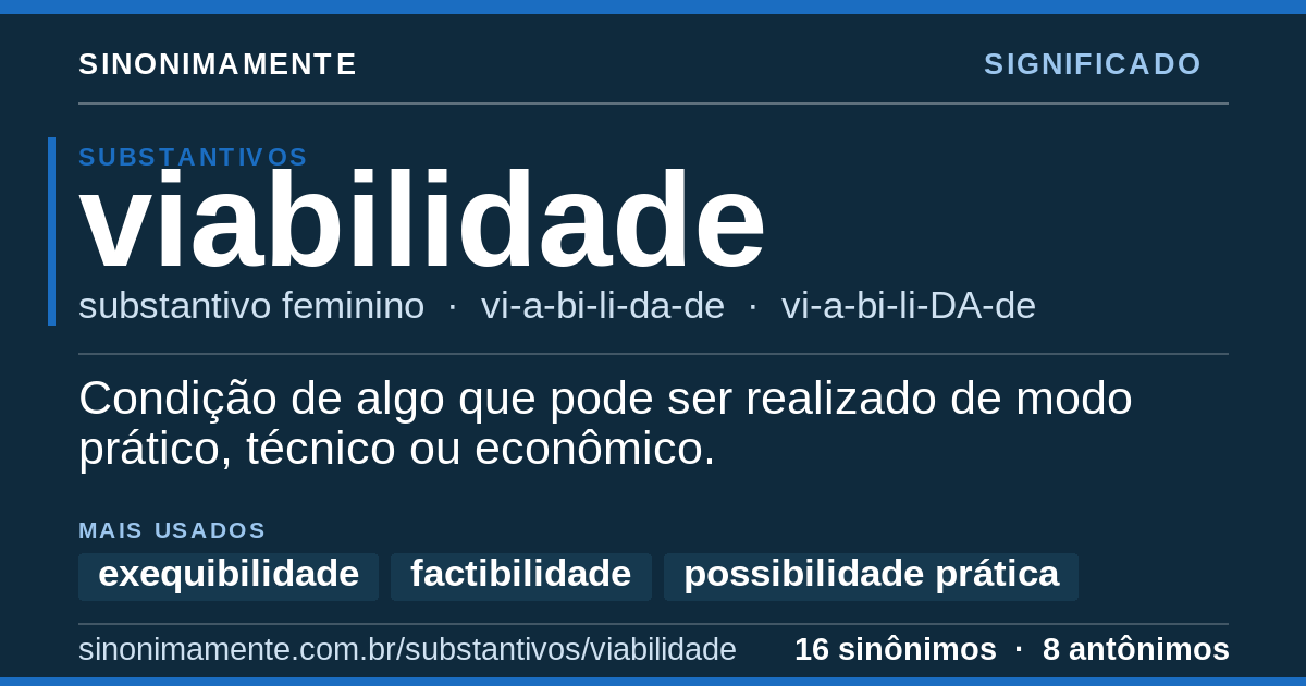 Significado de viabilidade: cartão do verbete com 16 sinônimos