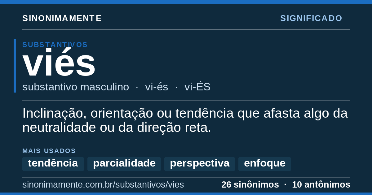 Significado de viés: cartão do verbete com 26 sinônimos