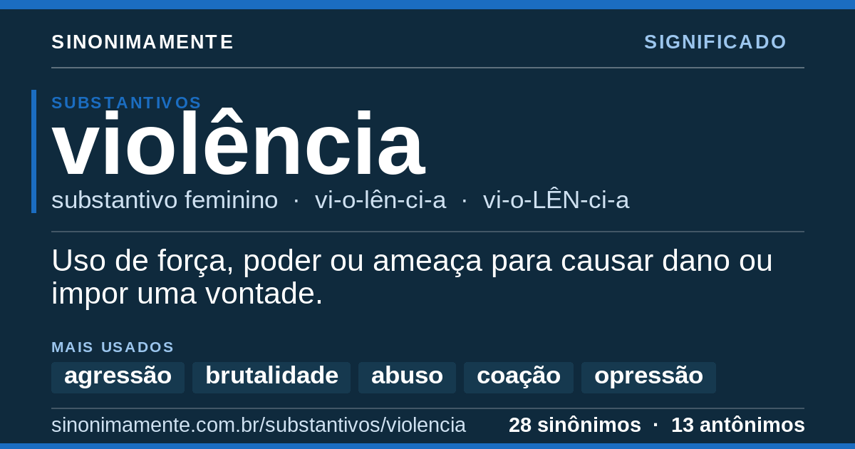 Significado de violência: cartão do verbete com 28 sinônimos