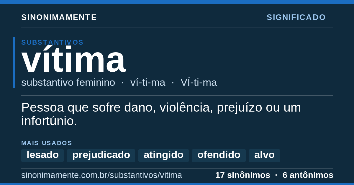 Significado de vítima: cartão do verbete com 17 sinônimos