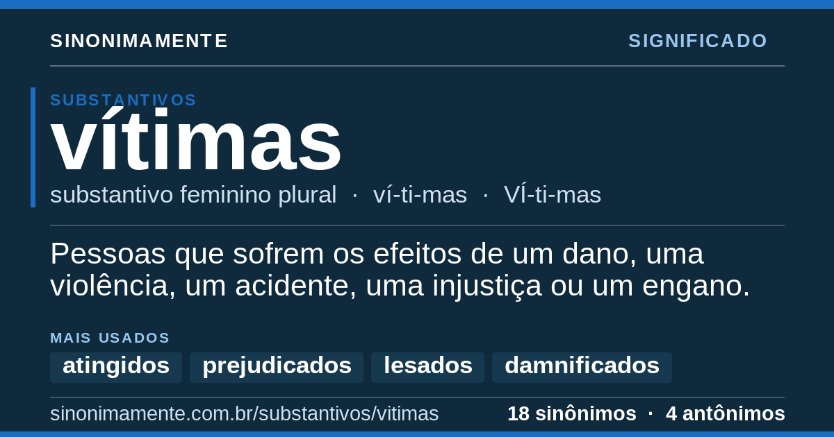 Significado de vítimas: cartão do verbete com 18 sinônimos