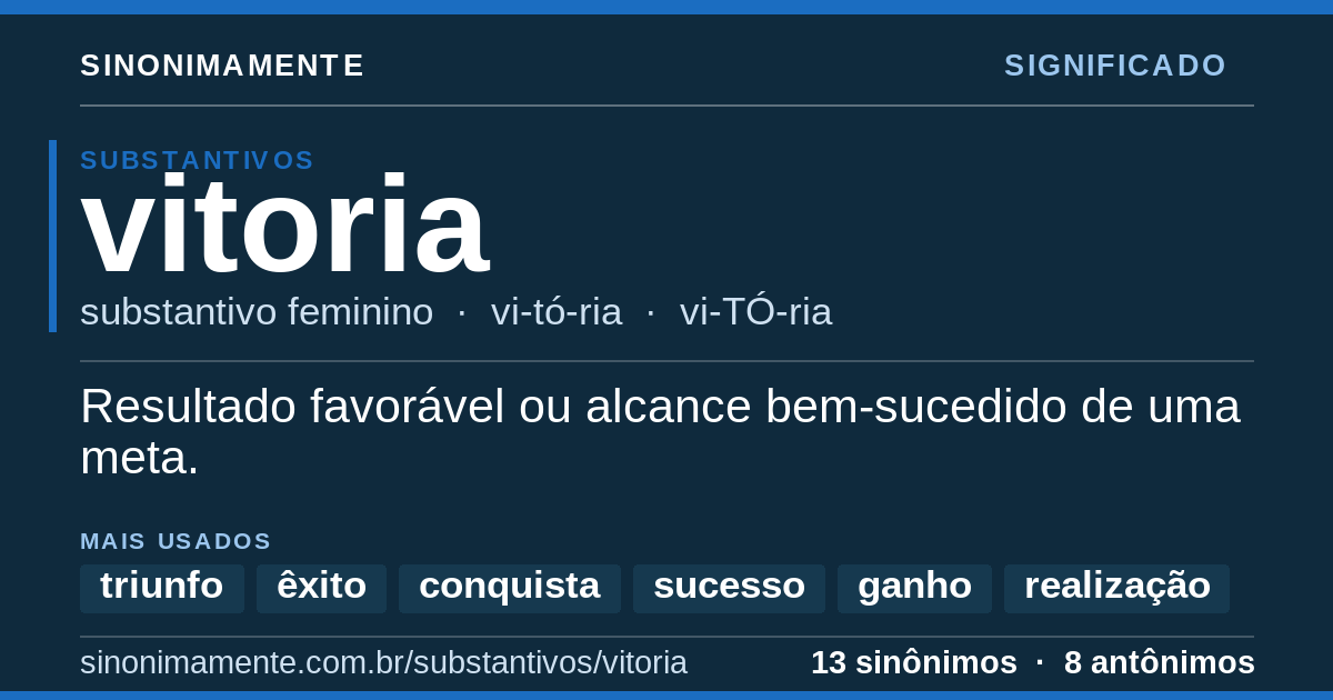 Significado de vitoria: cartão do verbete com 13 sinônimos