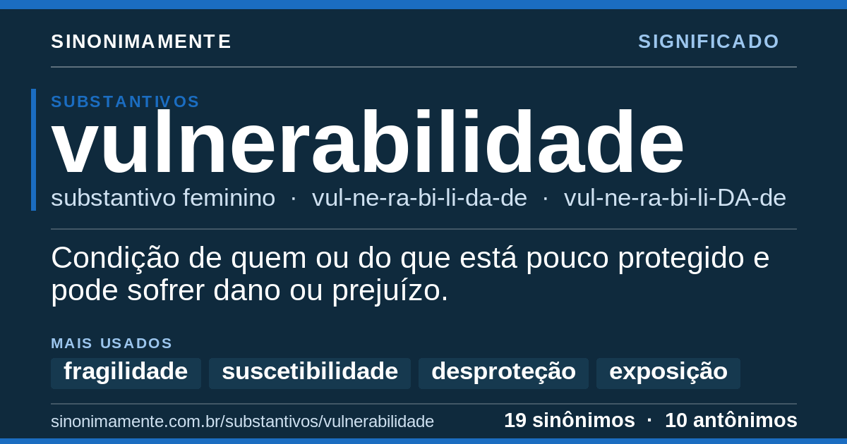 Significado de vulnerabilidade: cartão do verbete com 19 sinônimos
