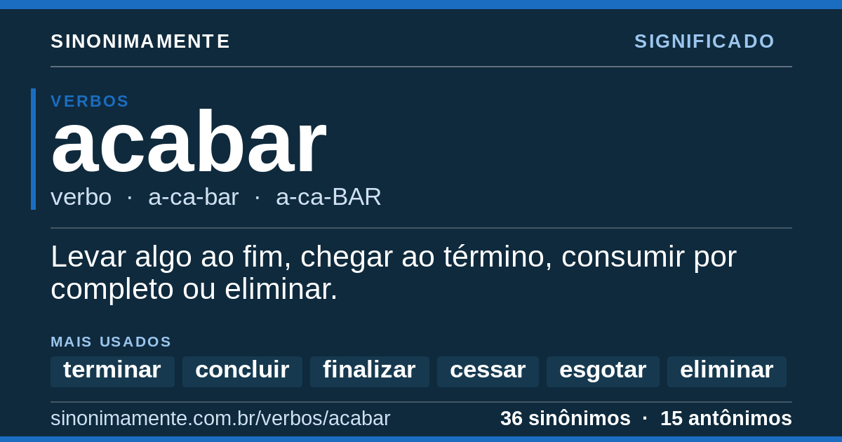 Significado de acabar: cartão do verbete com 36 sinônimos
