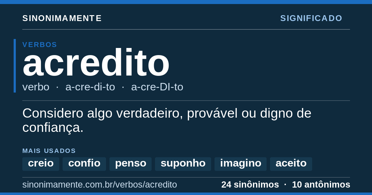 Significado de acredito: cartão do verbete com 24 sinônimos