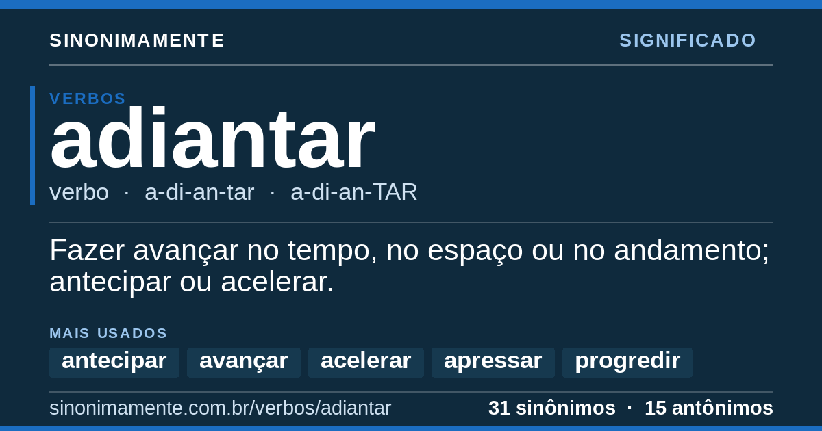 Significado de adiantar: cartão do verbete com 31 sinônimos
