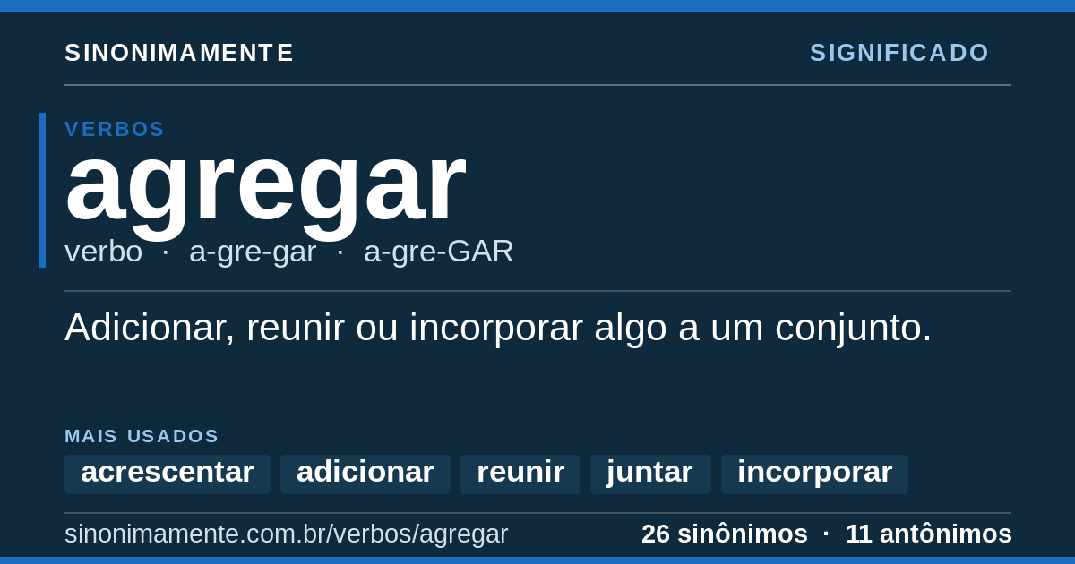 Significado de agregar: cartão do verbete com 26 sinônimos