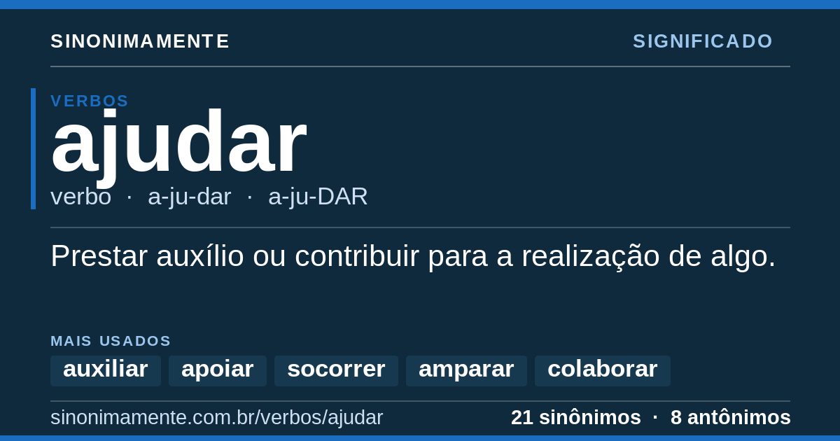 Significado de ajudar: cartão do verbete com 21 sinônimos