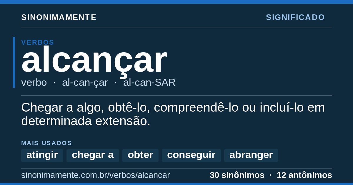 Significado de alcançar: cartão do verbete com 30 sinônimos