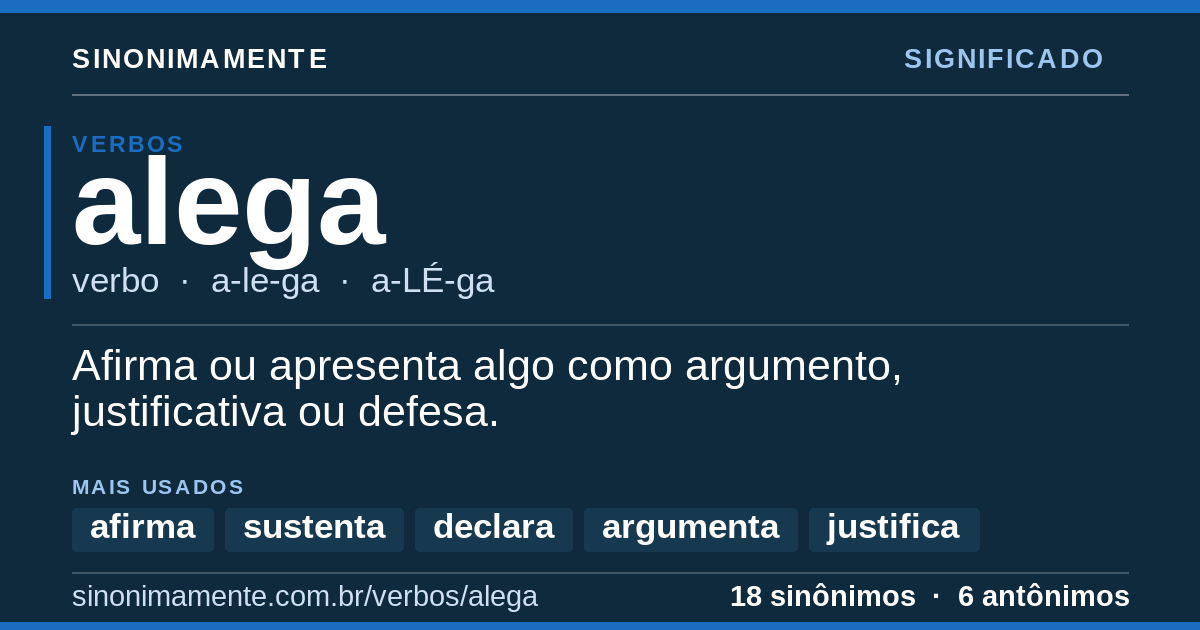 Significado de alega: cartão do verbete com 18 sinônimos
