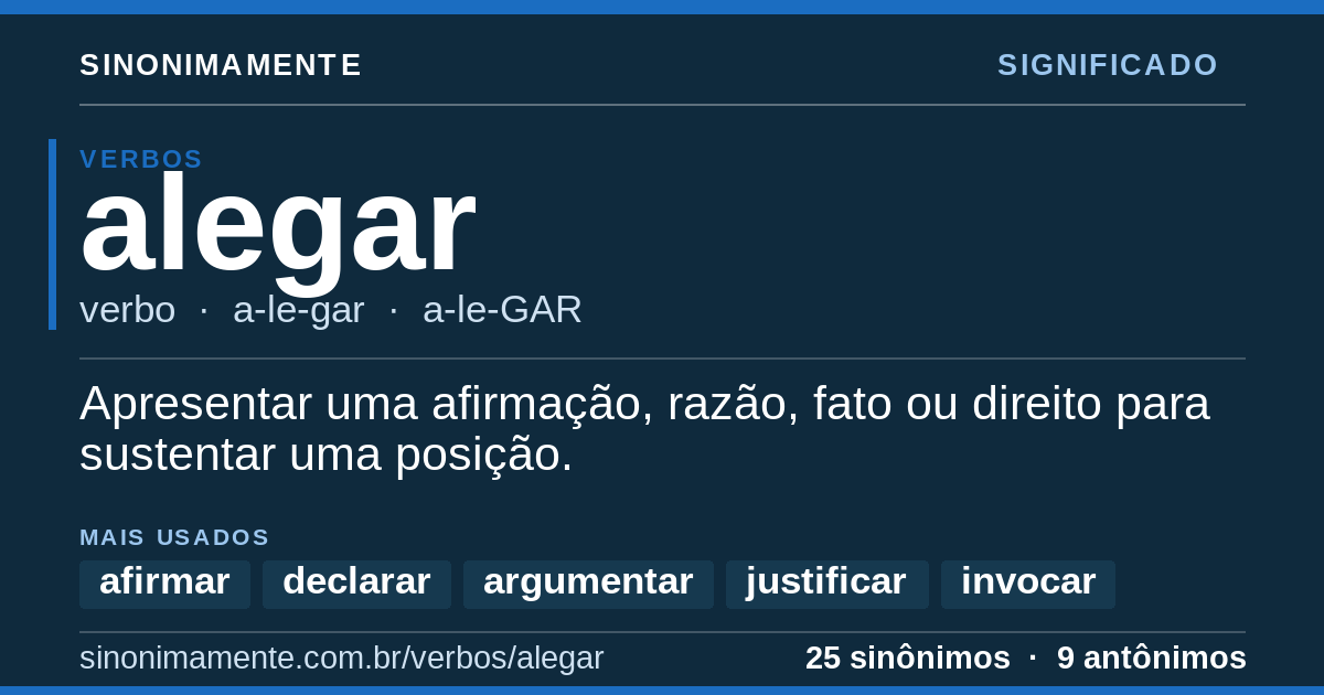Significado de alegar: cartão do verbete com 25 sinônimos