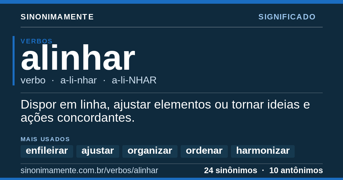 Significado de alinhar: cartão do verbete com 24 sinônimos