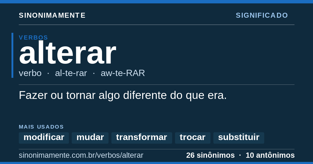 Significado de alterar: cartão do verbete com 26 sinônimos