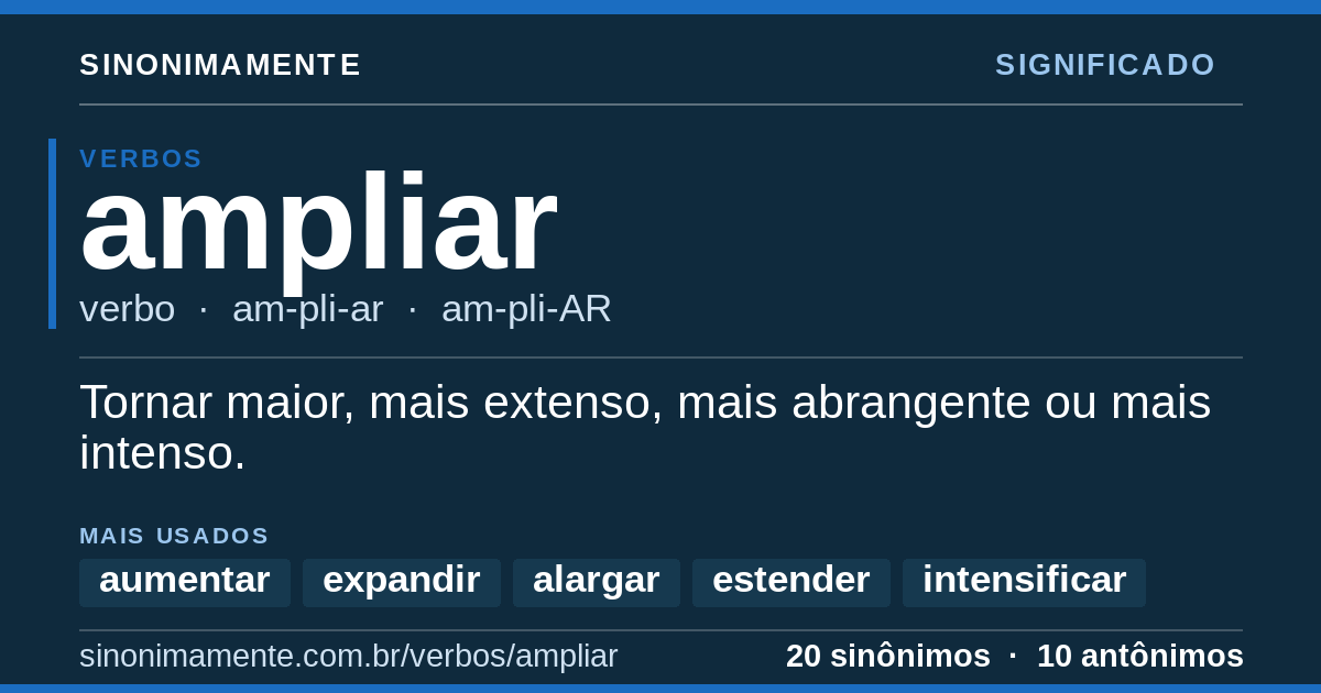 Significado de ampliar: cartão do verbete com 20 sinônimos