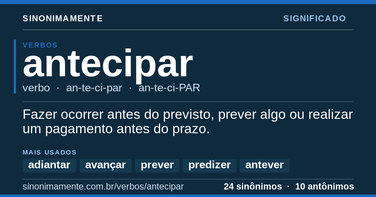 Significado de antecipar: cartão do verbete com 24 sinônimos
