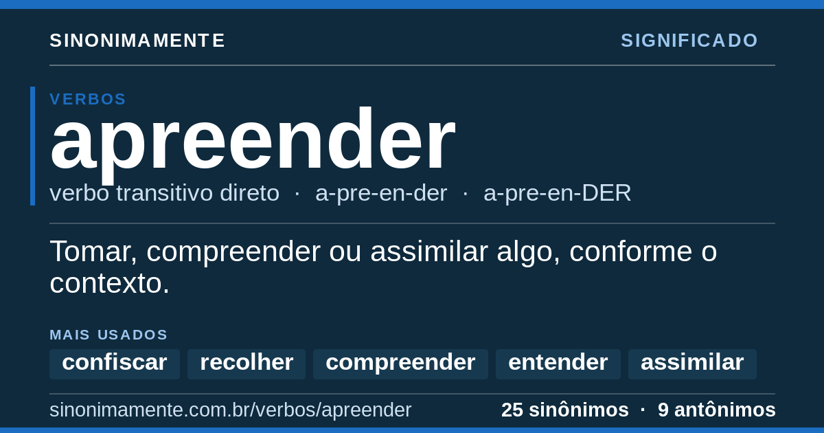 Significado de apreender: cartão do verbete com 25 sinônimos