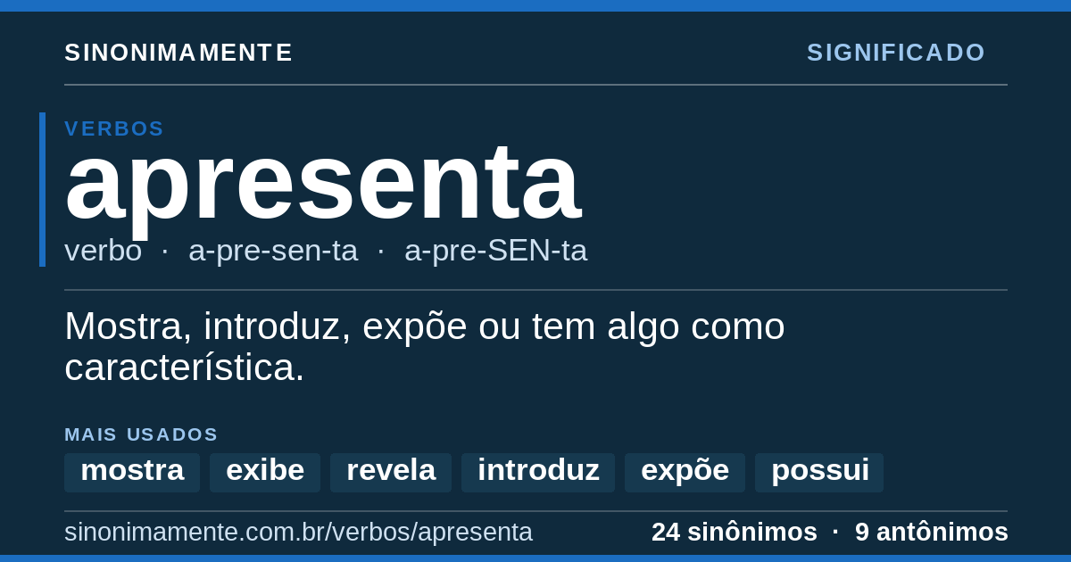 Significado de apresenta: cartão do verbete com 24 sinônimos