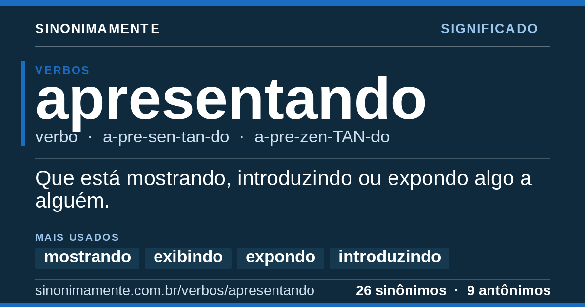 Significado de apresentando: cartão do verbete com 26 sinônimos