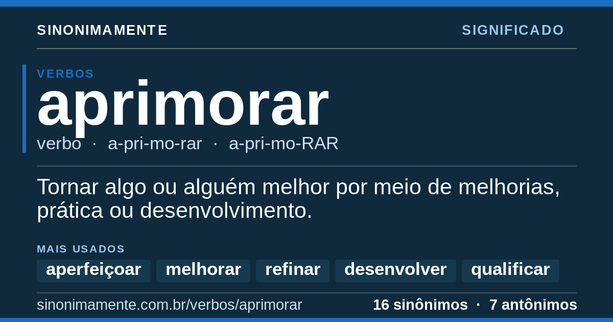 Significado de aprimorar: cartão do verbete com 16 sinônimos