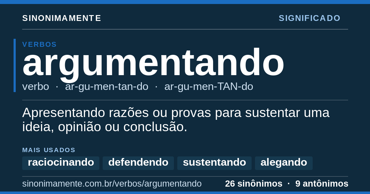 Significado de argumentando: cartão do verbete com 26 sinônimos