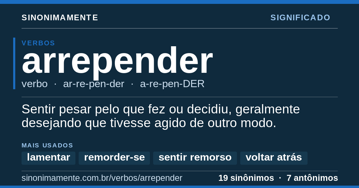 Significado de arrepender: cartão do verbete com 19 sinônimos