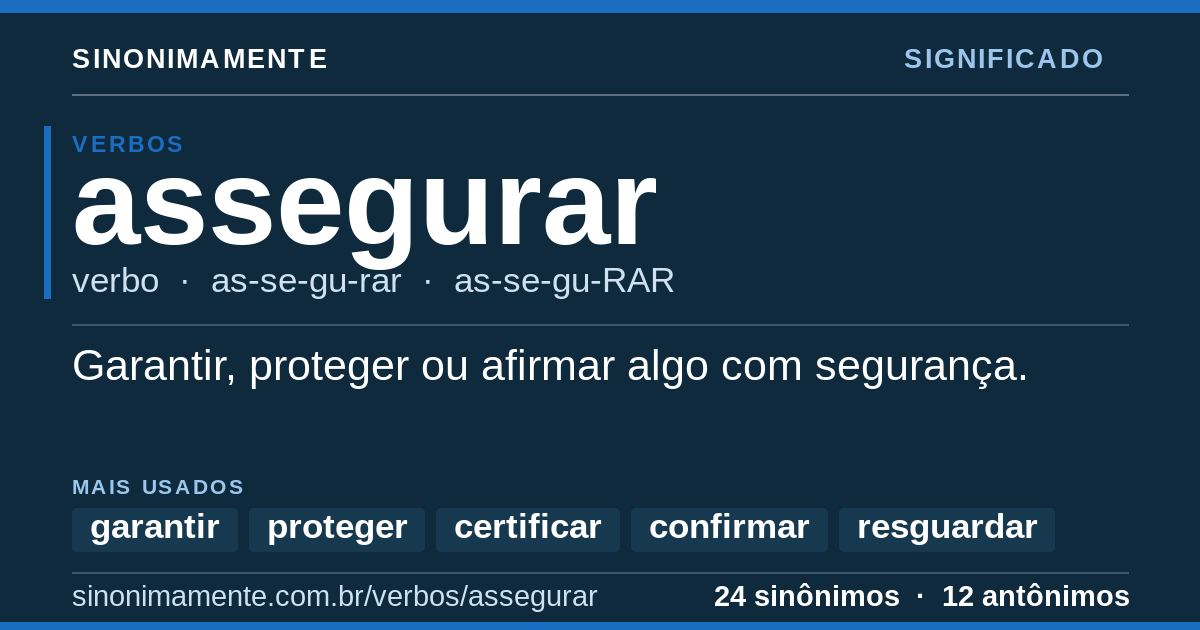 Significado de assegurar: cartão do verbete com 24 sinônimos