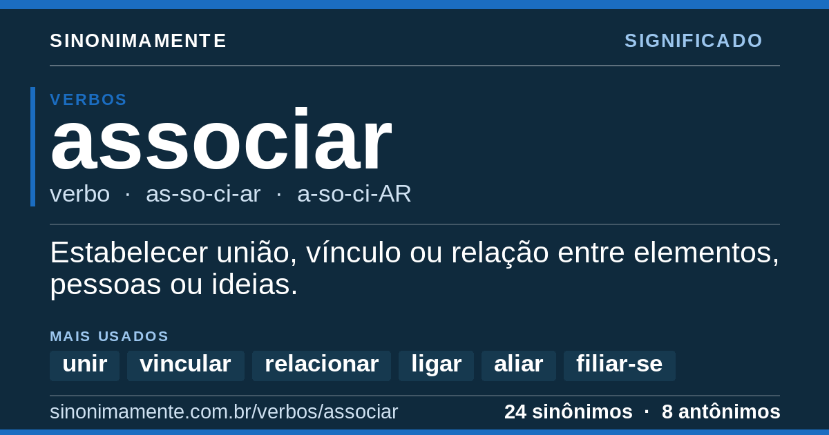 Significado de associar: cartão do verbete com 24 sinônimos