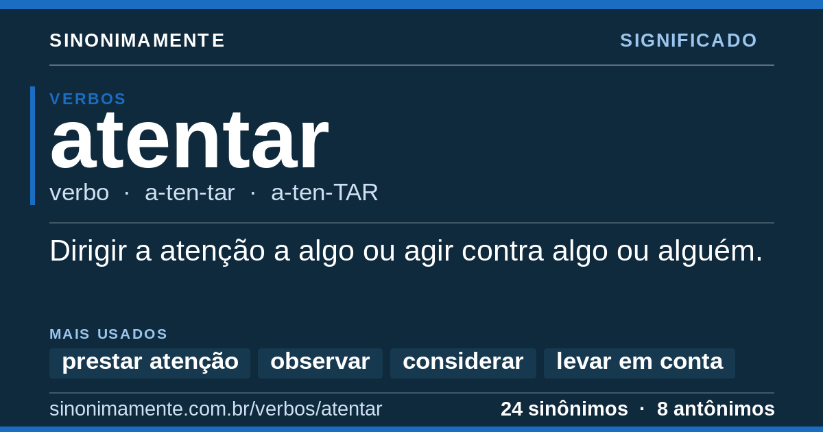 Significado de atentar: cartão do verbete com 24 sinônimos
