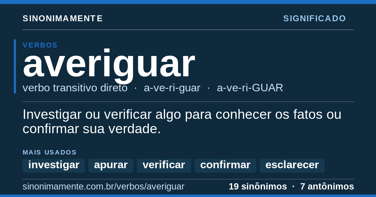 Significado de averiguar: cartão do verbete com 19 sinônimos