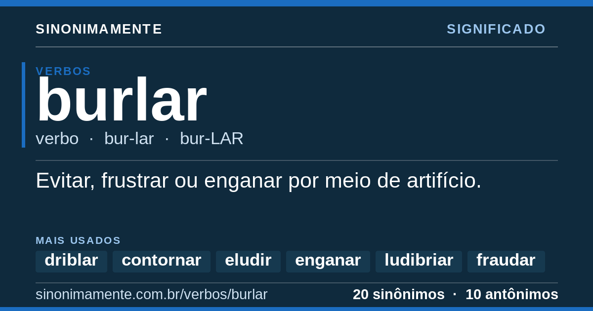 Significado de burlar: cartão do verbete com 20 sinônimos