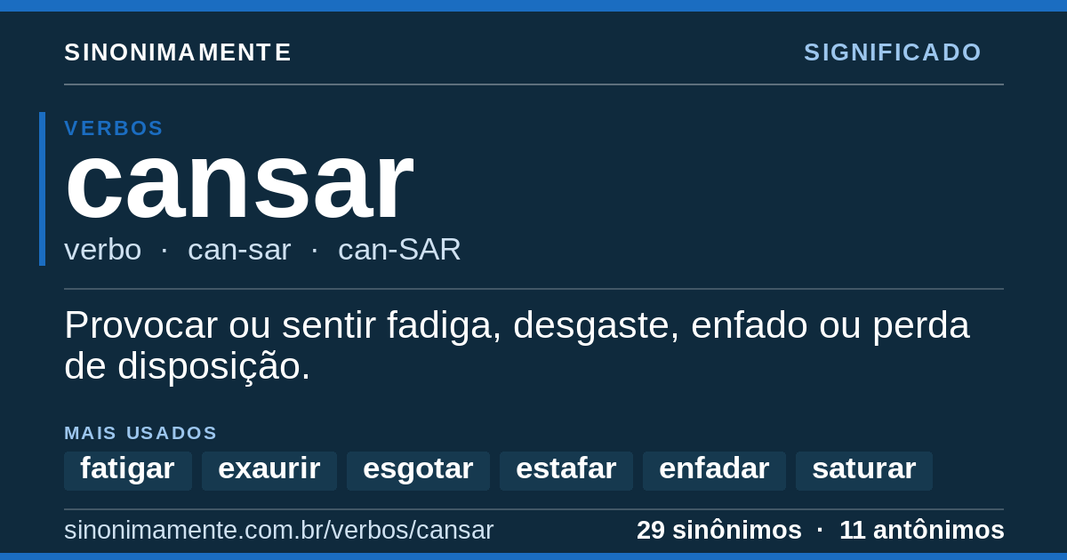 Significado de cansar: cartão do verbete com 29 sinônimos