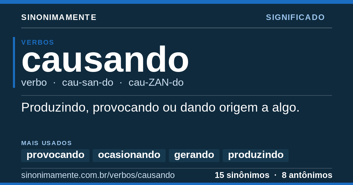Significado de causando: cartão do verbete com 15 sinônimos