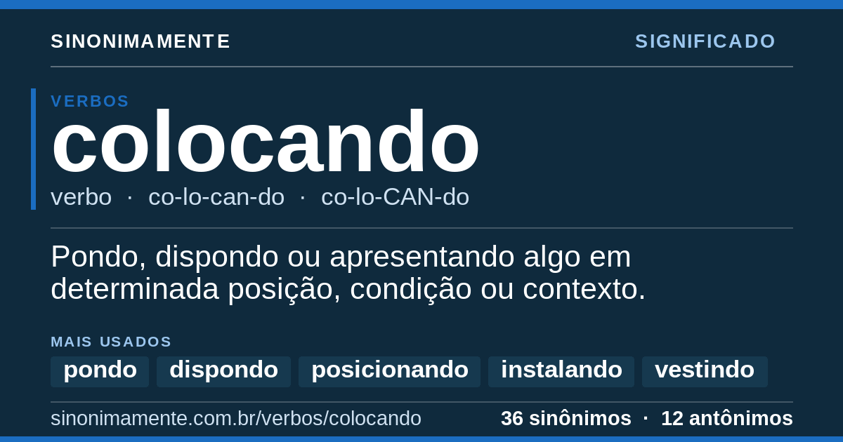 Significado de colocando: cartão do verbete com 36 sinônimos