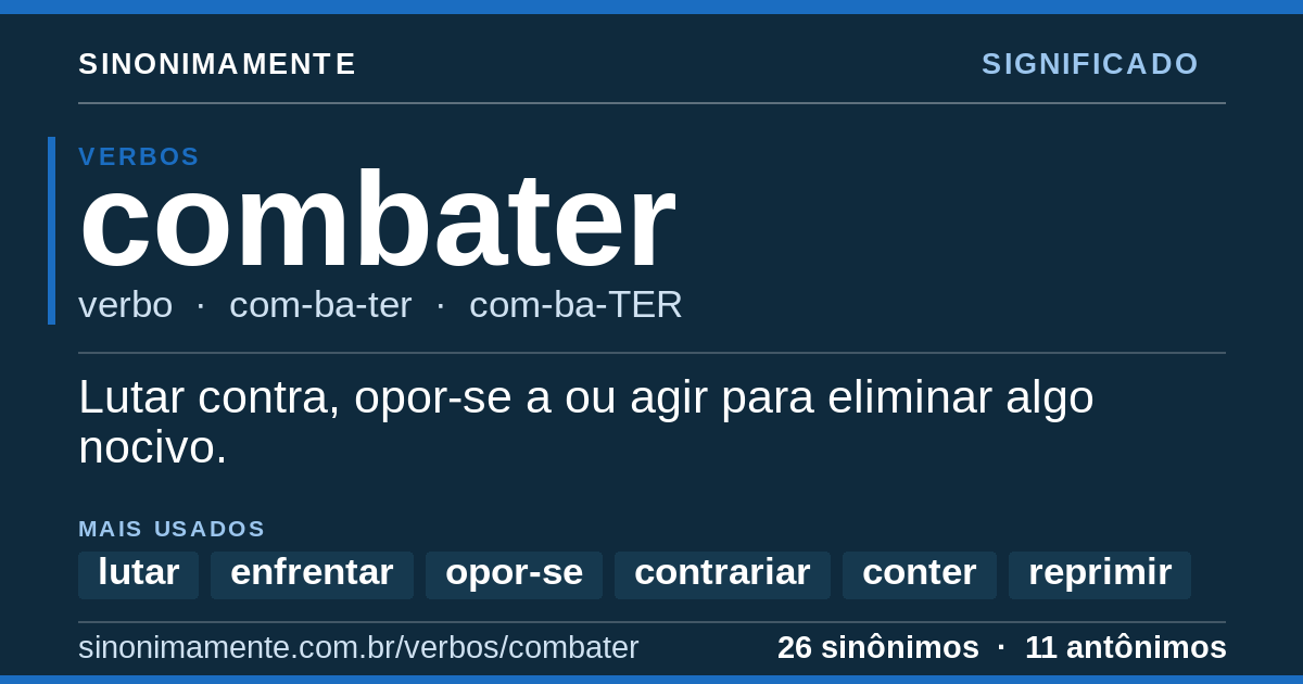 Significado de combater: cartão do verbete com 26 sinônimos