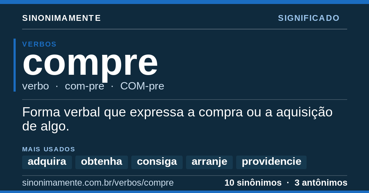 Significado de compre: cartão do verbete com 10 sinônimos