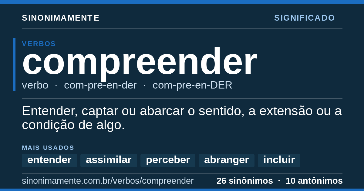 Significado de compreender: cartão do verbete com 26 sinônimos
