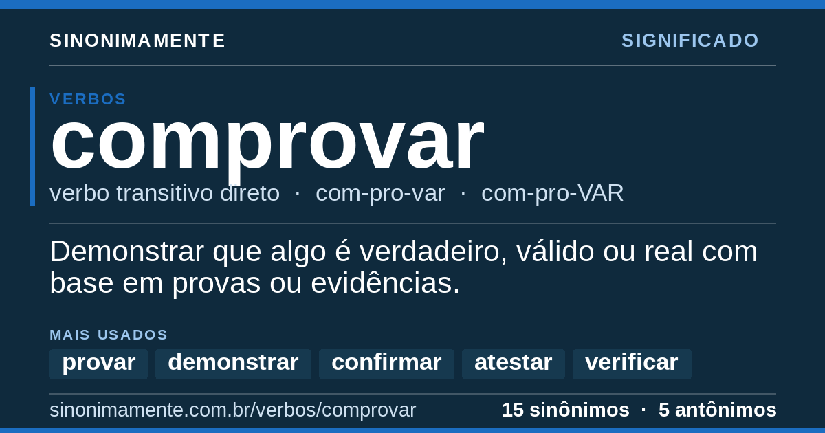 Significado de comprovar: cartão do verbete com 15 sinônimos